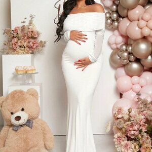 White Elegant Women's Maternity Off Shoulder Foldover Front Floor Length Dress